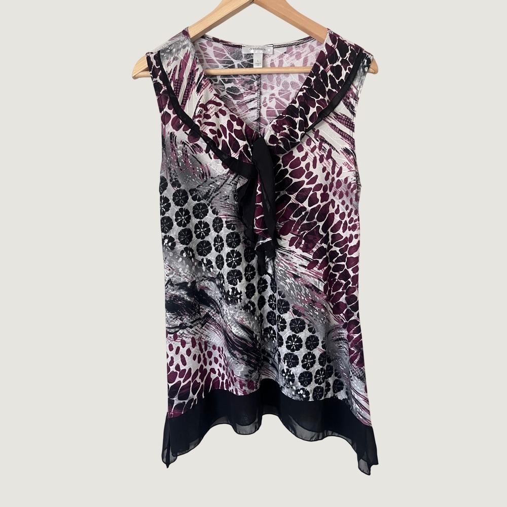 Dressbarn Womens Purple Abstract Ruffle Tie Front Tank Top Y2K Fairycore Large
